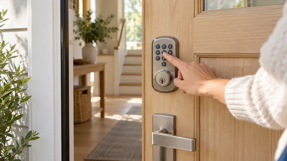 Pale oak front door with satin nickel keypad deadbolt