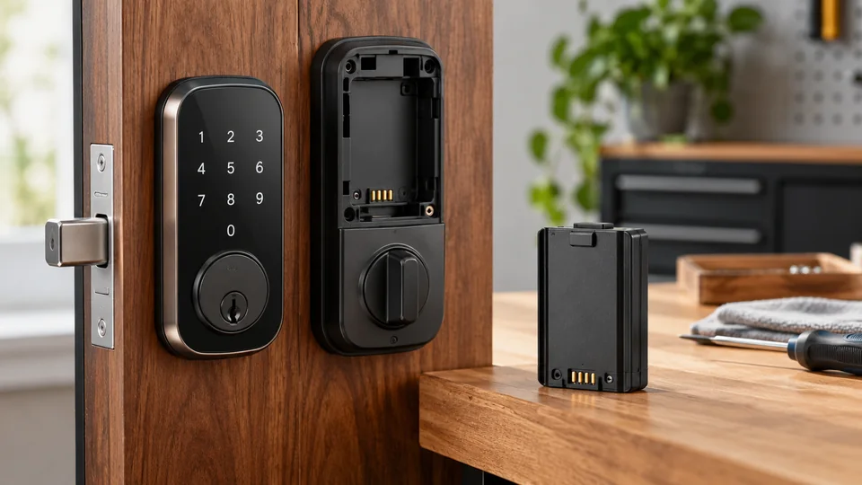 Detached rechargeable battery cartridge beside open interior smart lock battery compartment on walnut door