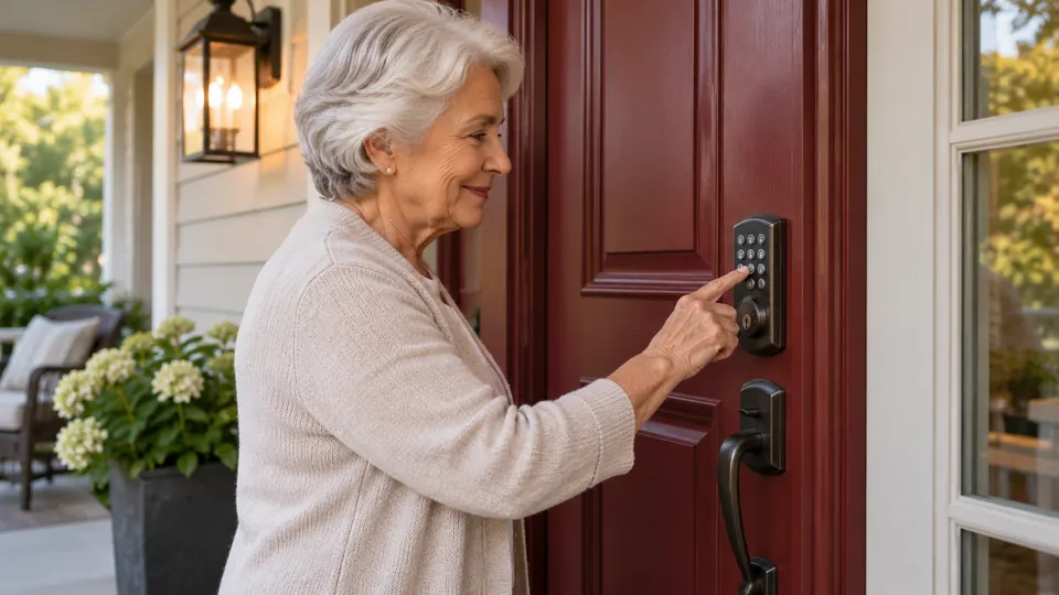 Older adult with silver hair comfortably pressing large physical keypad buttons on a burgundy entry door