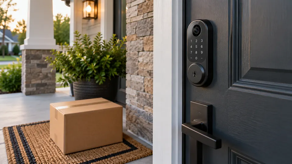 Dark charcoal smart deadbolt with an integrated small camera lens at the front door