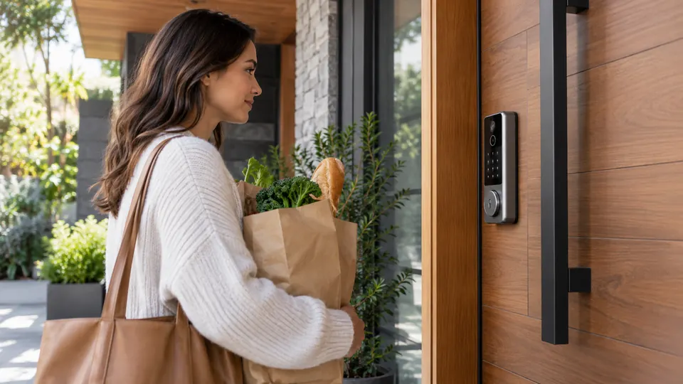 Person approaching contemporary entrance and facing a smart deadbolt with discreet facial sensor array