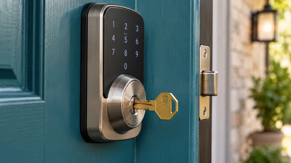 Brass physical backup key inserted into a modern electronic deadbolt on a teal door