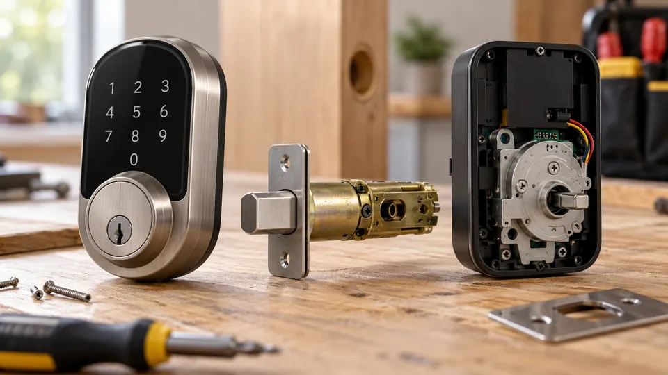 Smart deadbolt components showing the keypad, latch bolt and interior motor unit